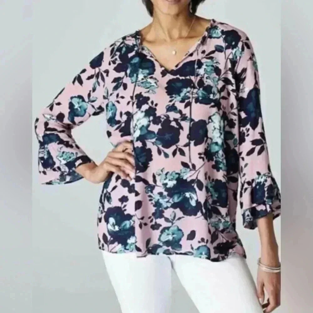 J. Jill Beautiful Blooms Mauve Floral Ruffle Sleeve Blouse Tie Neck Size M Women
